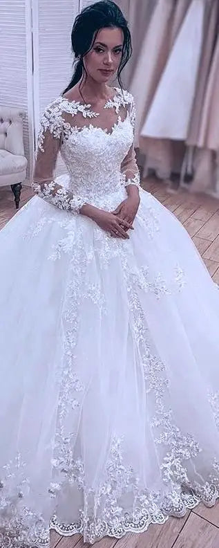 Elegant Summer Long Sleeve Wedding Dresses Lace Ball Gown